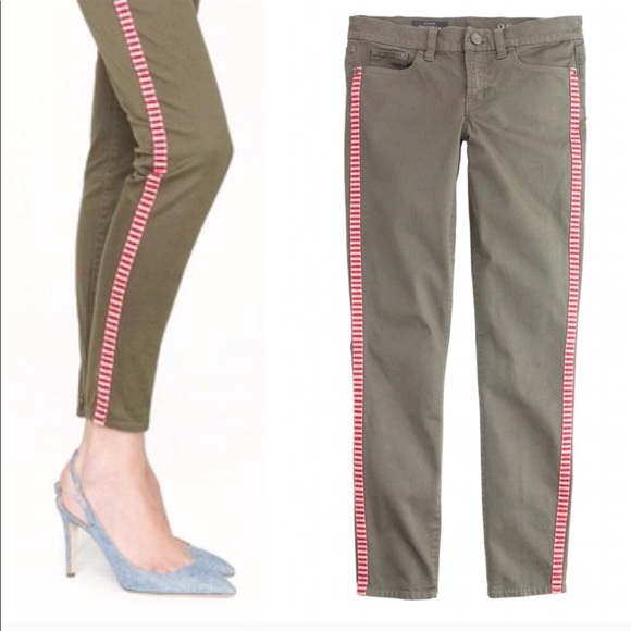 J.Crew 26 toothpick fatigue jeans tux stripe ankle olive green steampunk - Picture 2 of 8